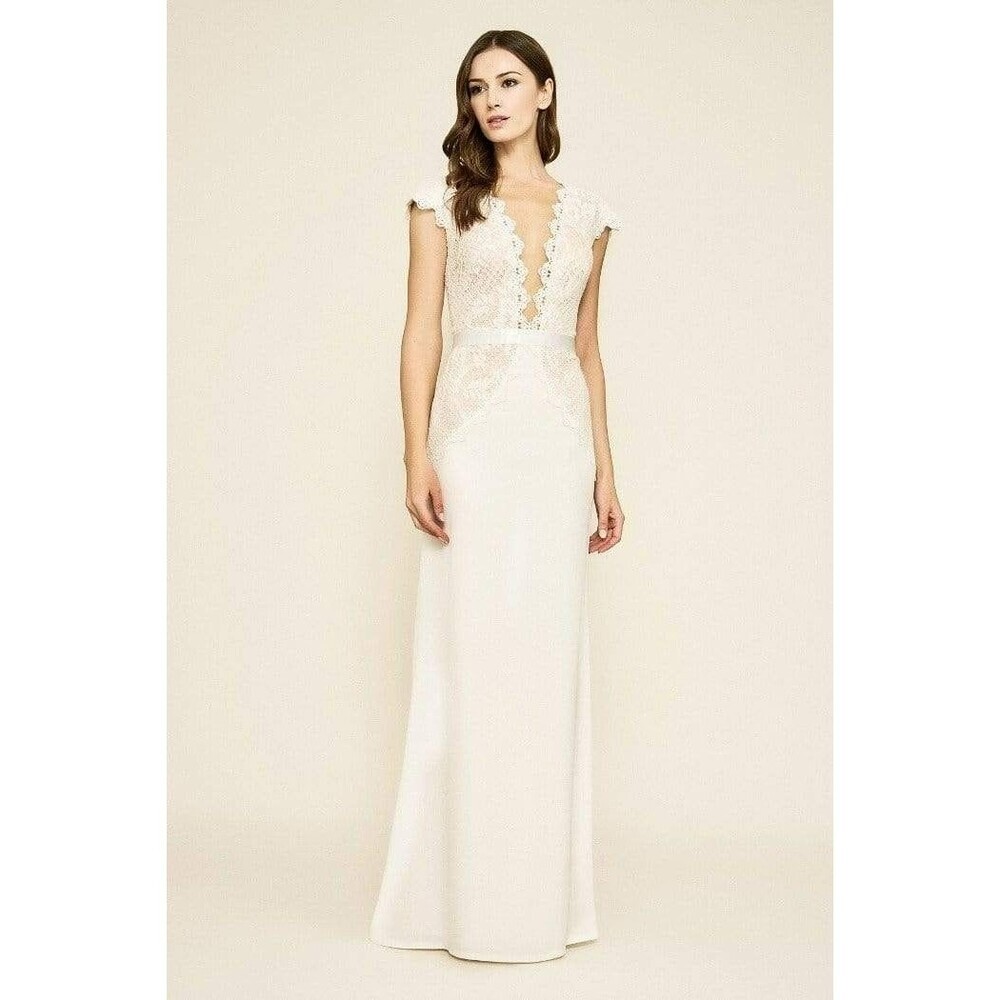 New Tadashi Shoji Basilah Sz 4 Ivory V-Neck Lace Wedding Gown Dress BEL19172LBR
